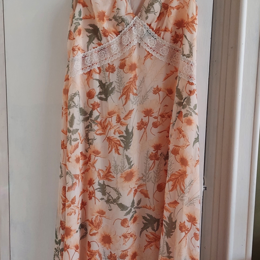 Cider Floral Maxi Dress with Lace Trim - Orange and Green